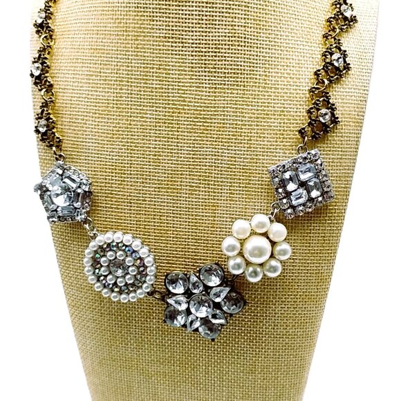 Plunder Statement Necklace Mixed Metal Gold Silver Crystal Pearl Chunky Chain - Picture 9 of 16